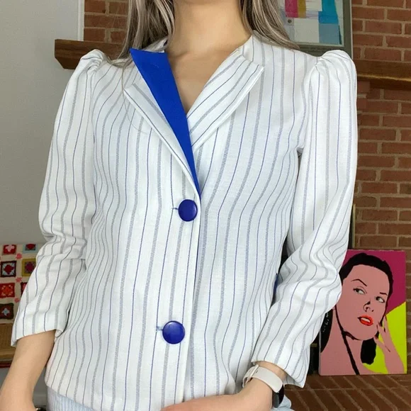 Vintage 80s Manhattan Plaza Bold Pinstripe Puff Sleeve Blazer Top USA Ma… - Picture 2 of 16